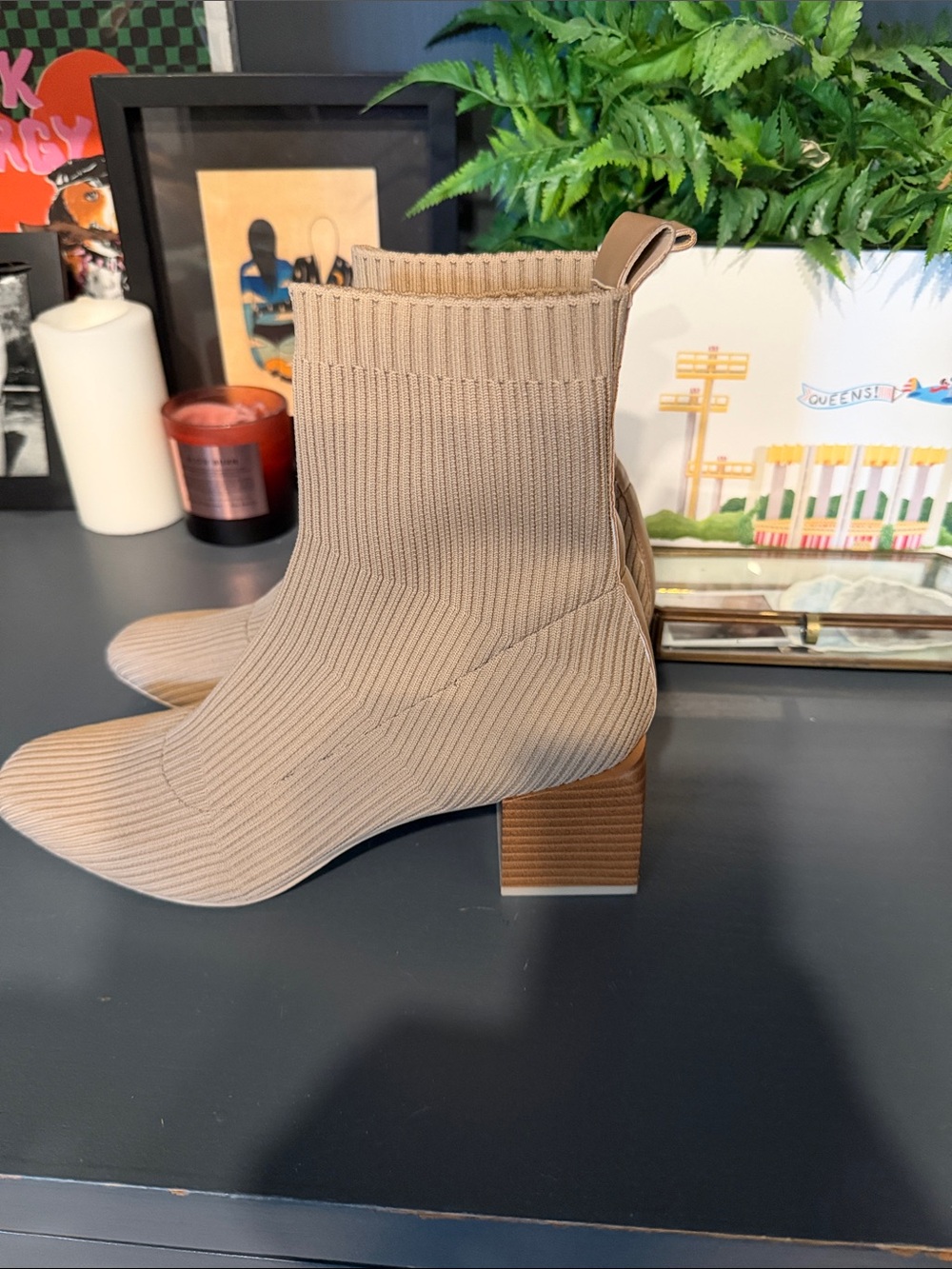 Beige Knit Block-Heel Women's Ankle Boots